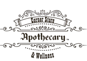 Corner Store Apothecary & Wellness logo with script text and decorative flourishes.