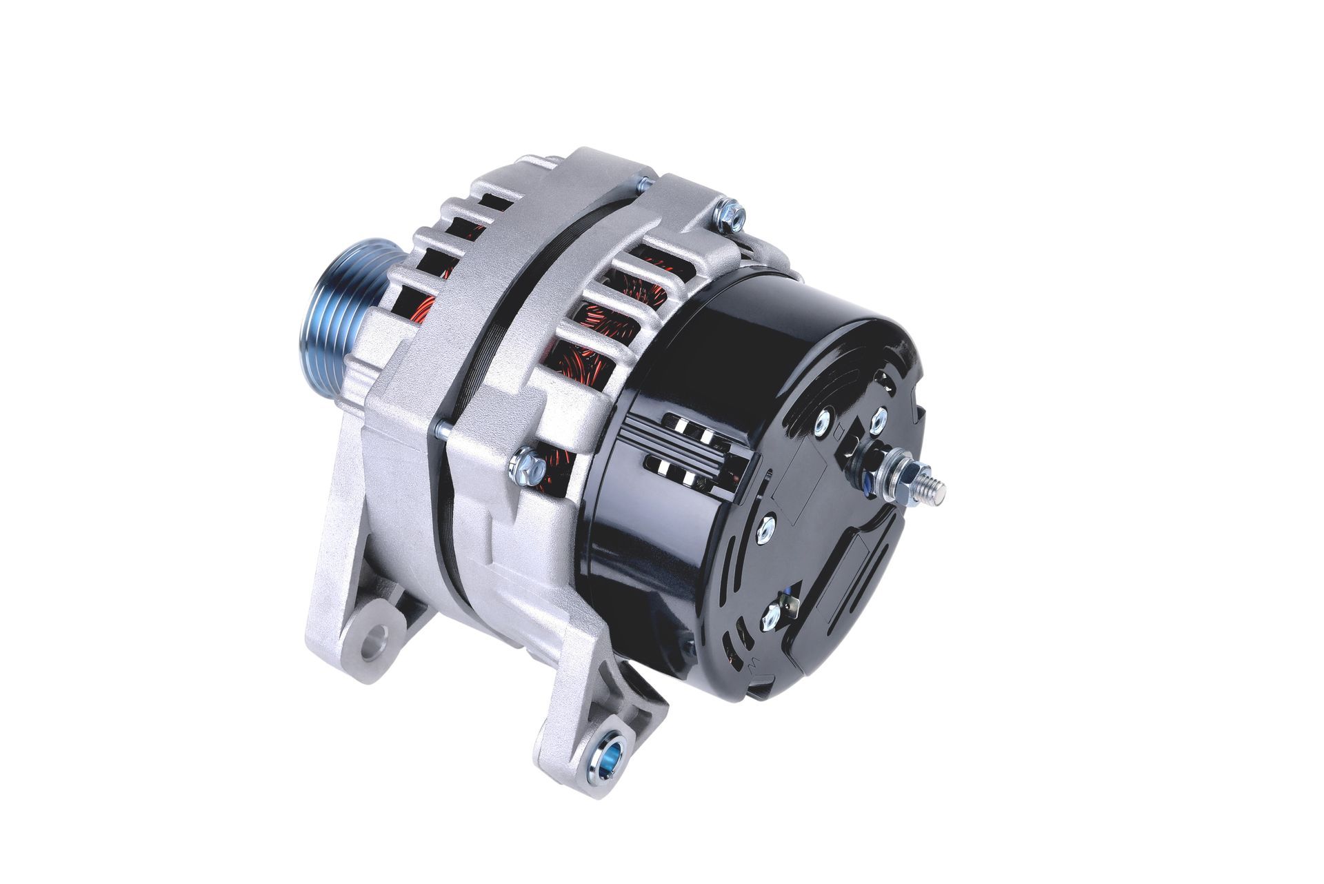 Close-up of a solenoid pump with metallic housing.