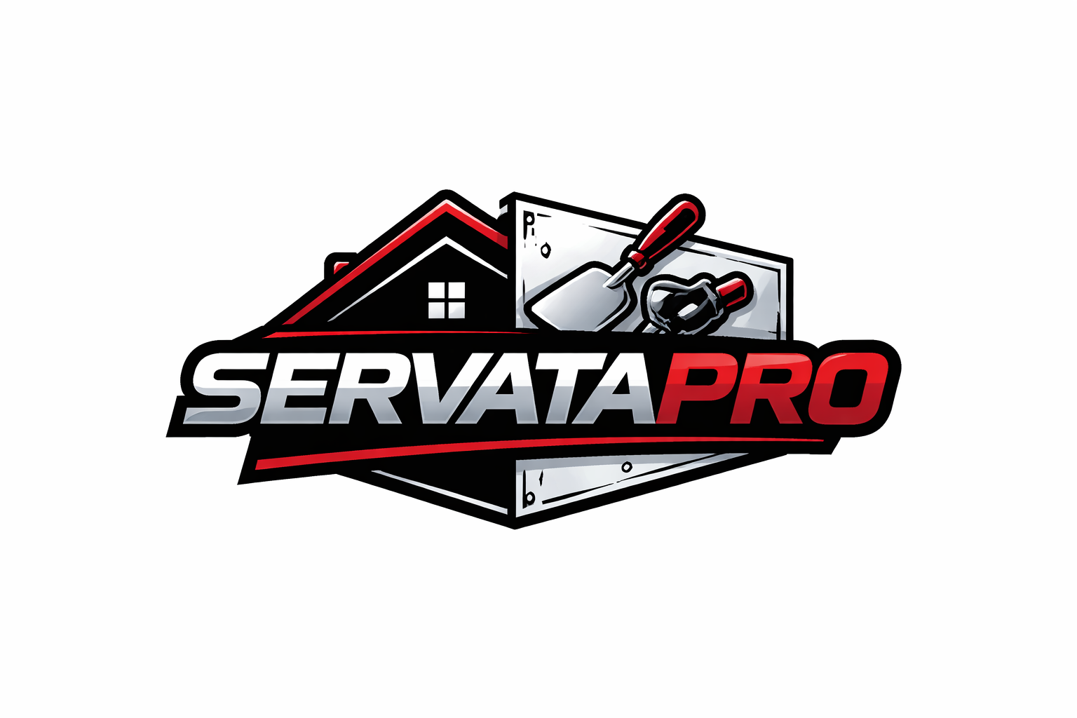 Servata Pro logo with tools, red/black colors, and a house outline.