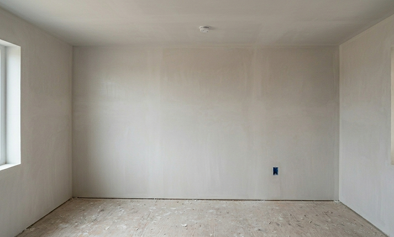 a kitchen under construction with blue tape on the floor .