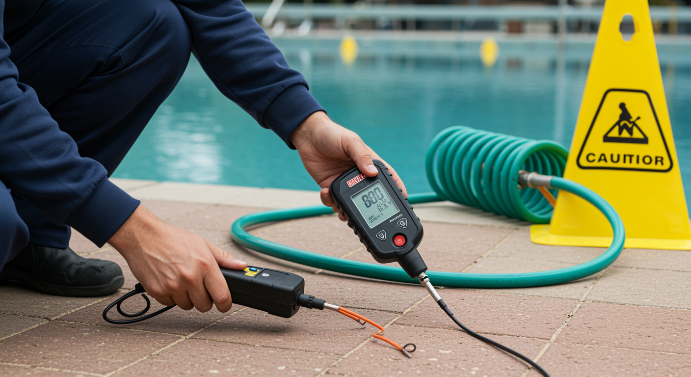 Technician testing a cable with a multimeter near a coiled hose and caution sign by a pool