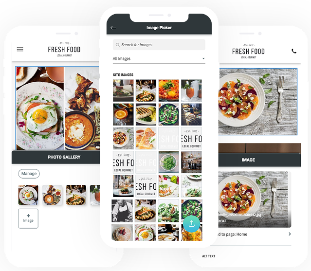 Three smartphone screens showing a food-related app interface with images and navigation options.