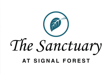A logo for the sanctuary at signal forest with a leaf in a circle.