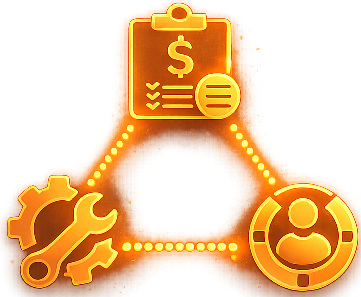 Diagram showing interconnectedness of finance, operations, and people in an orange triangle.
