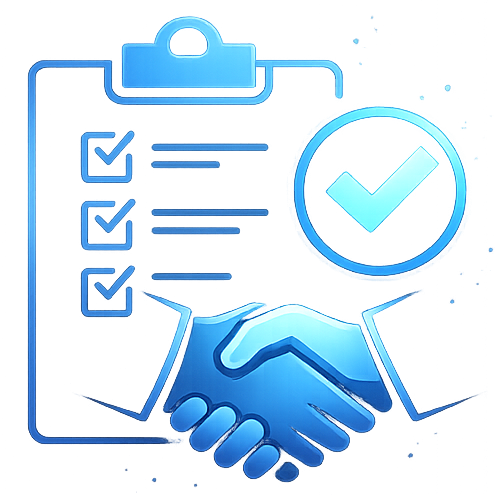 Blue icon: Clipboard with check boxes, check mark in circle, and handshake.