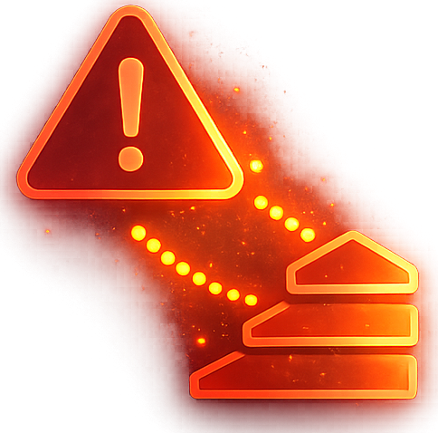Red warning triangle over data stack, connected by dotted line, glowing.