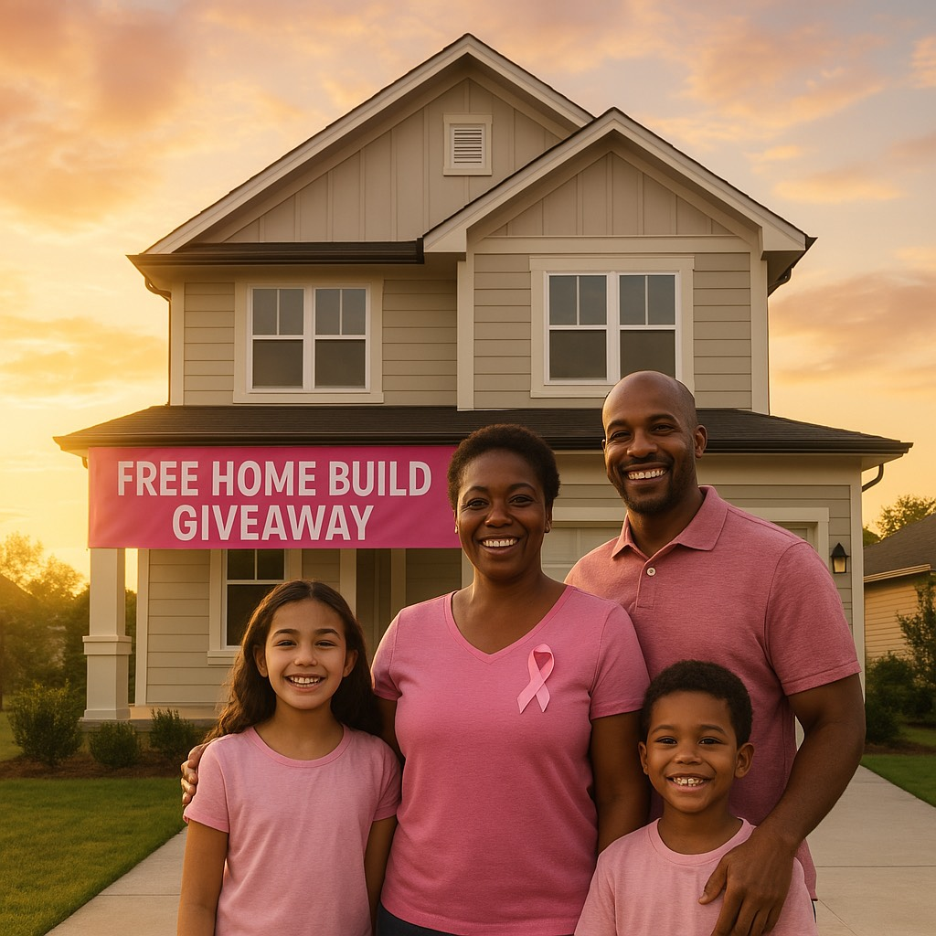 A family is standing in front of a house with a free home build giveaway banner.