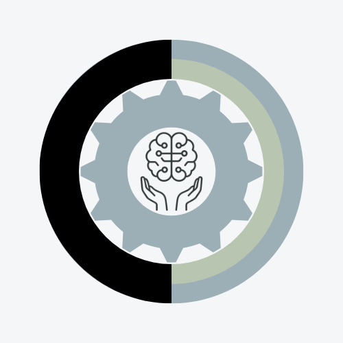 Gear with brain icon and hands, surrounded by a black and gray ring.