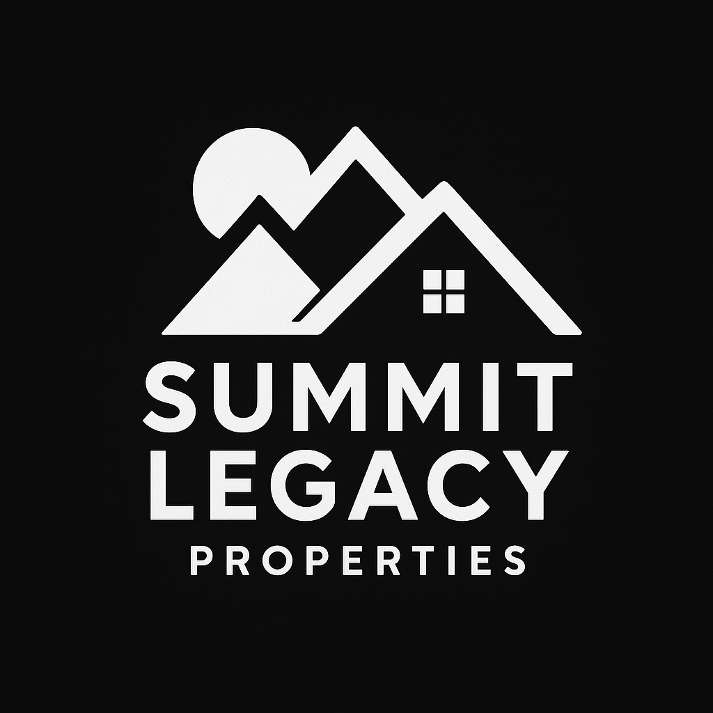 White logo on black background: Mountain/house icon with 