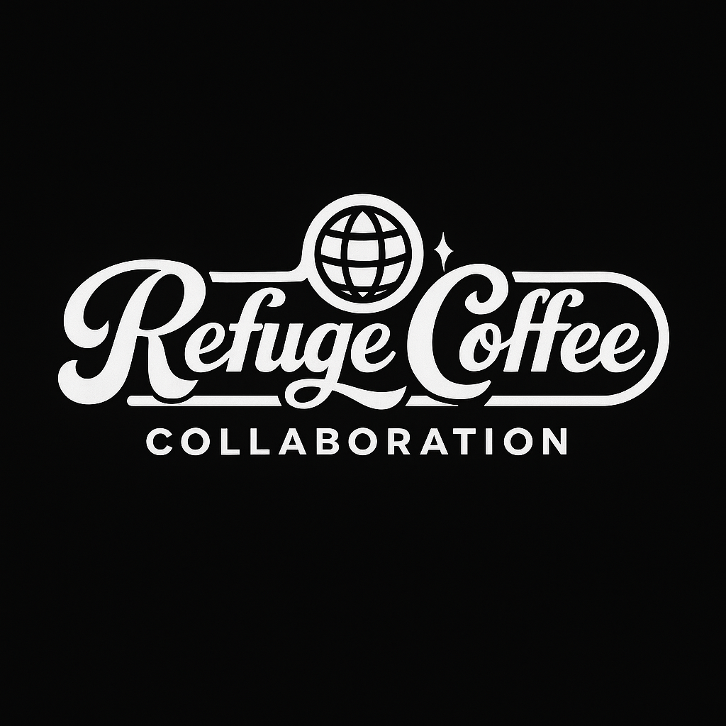 Refuge Coffee Collaboration logo, white script on black. Features a globe, star, and 