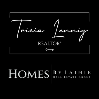 Black and white real estate logo: "Tricia Lennig, Realtor" over Homes by Lainie Real Estate Group.