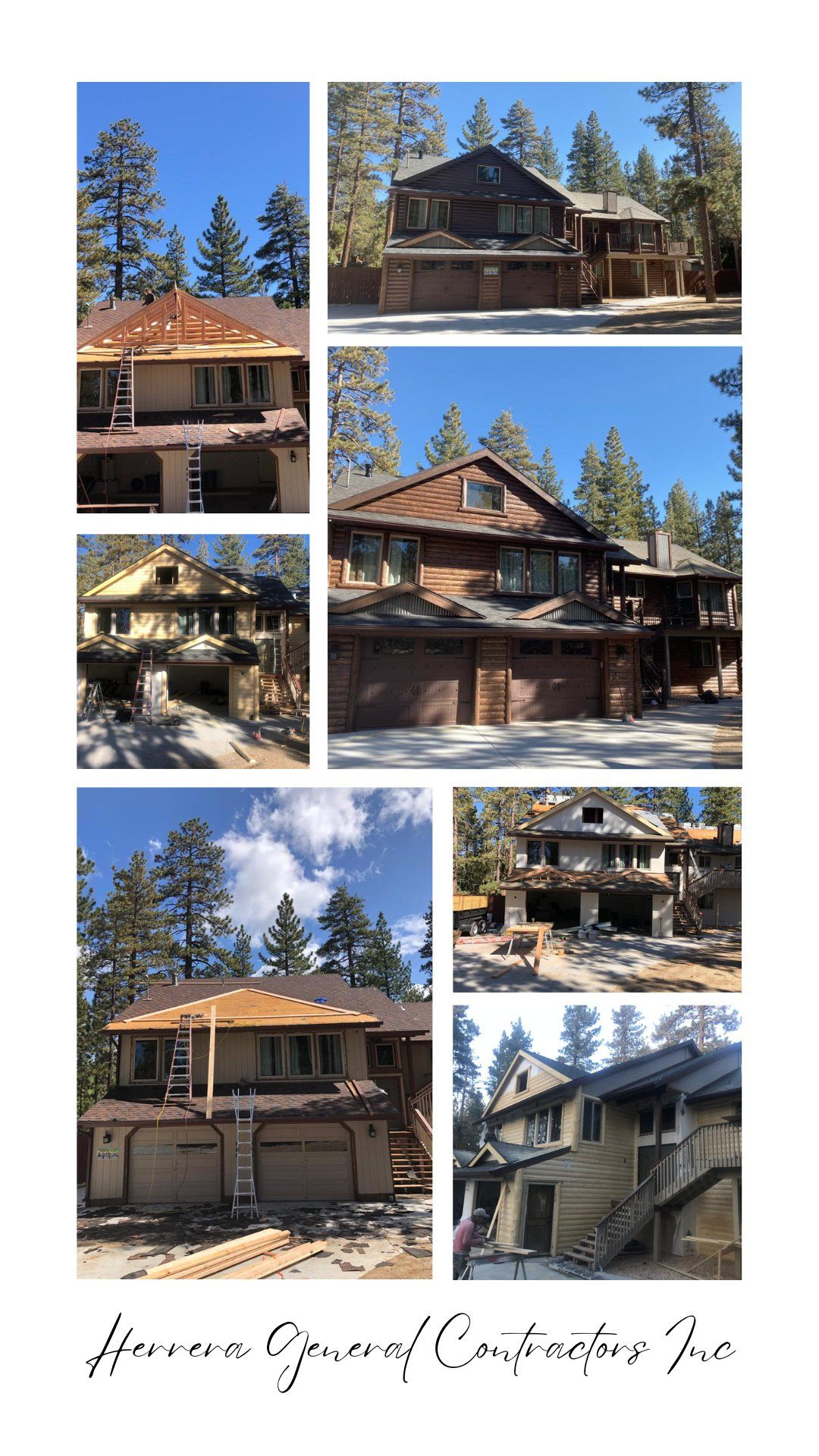 Collage of homes in various stages of construction, surrounded by trees under blue sky.
