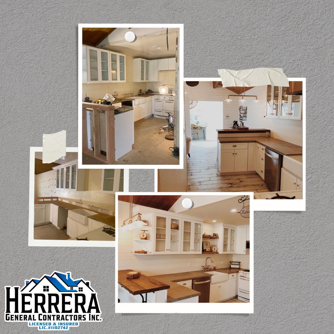 Kitchen remodel collage by Herrera General Contractors. White cabinets, wood counters, and exposed beams.