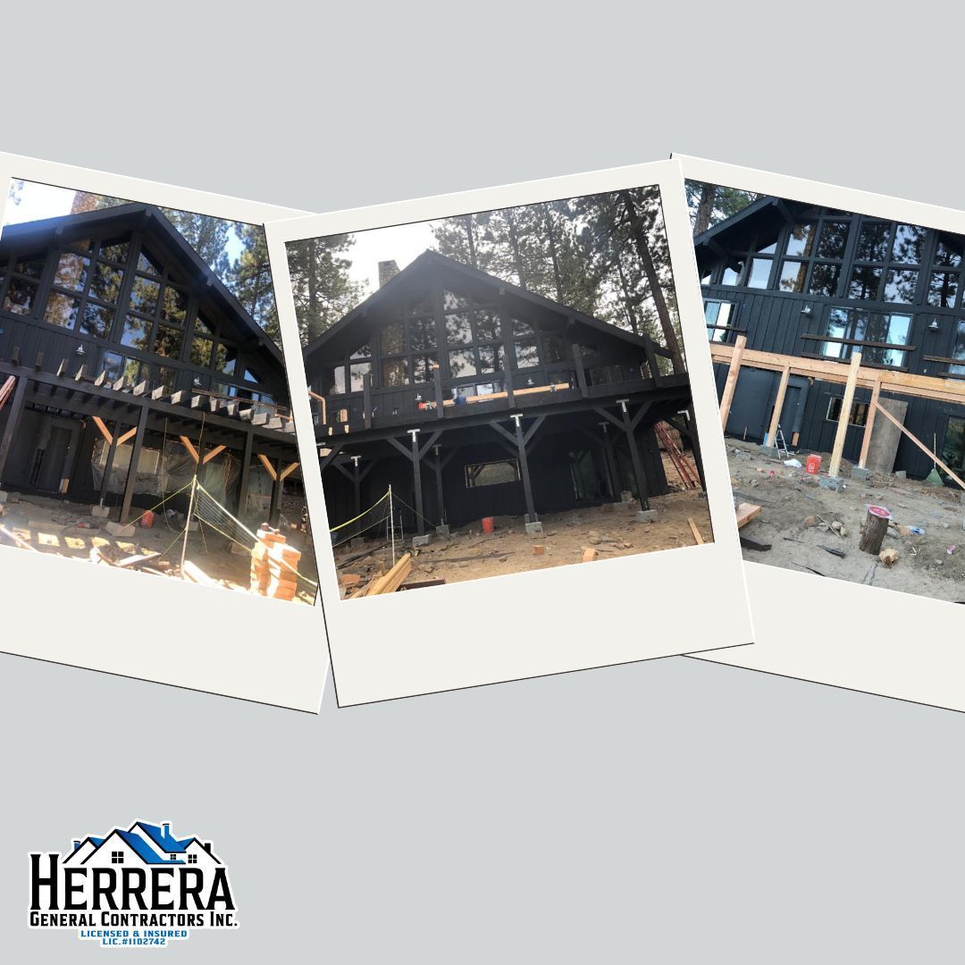 Exterior of a large black-painted building under construction, viewed from multiple angles in a collage.