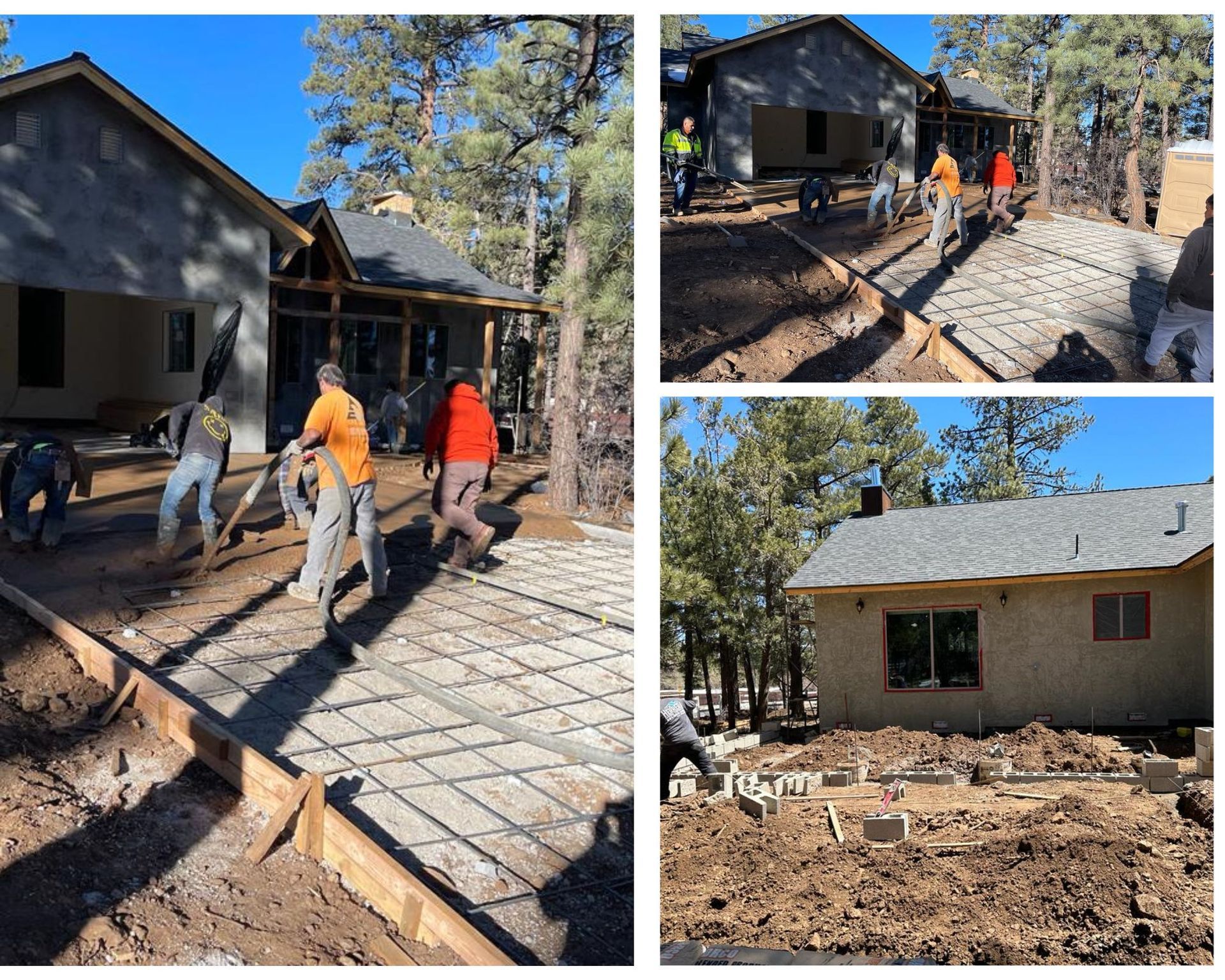 Construction workers pouring concrete for foundations of buildings in a wooded area.