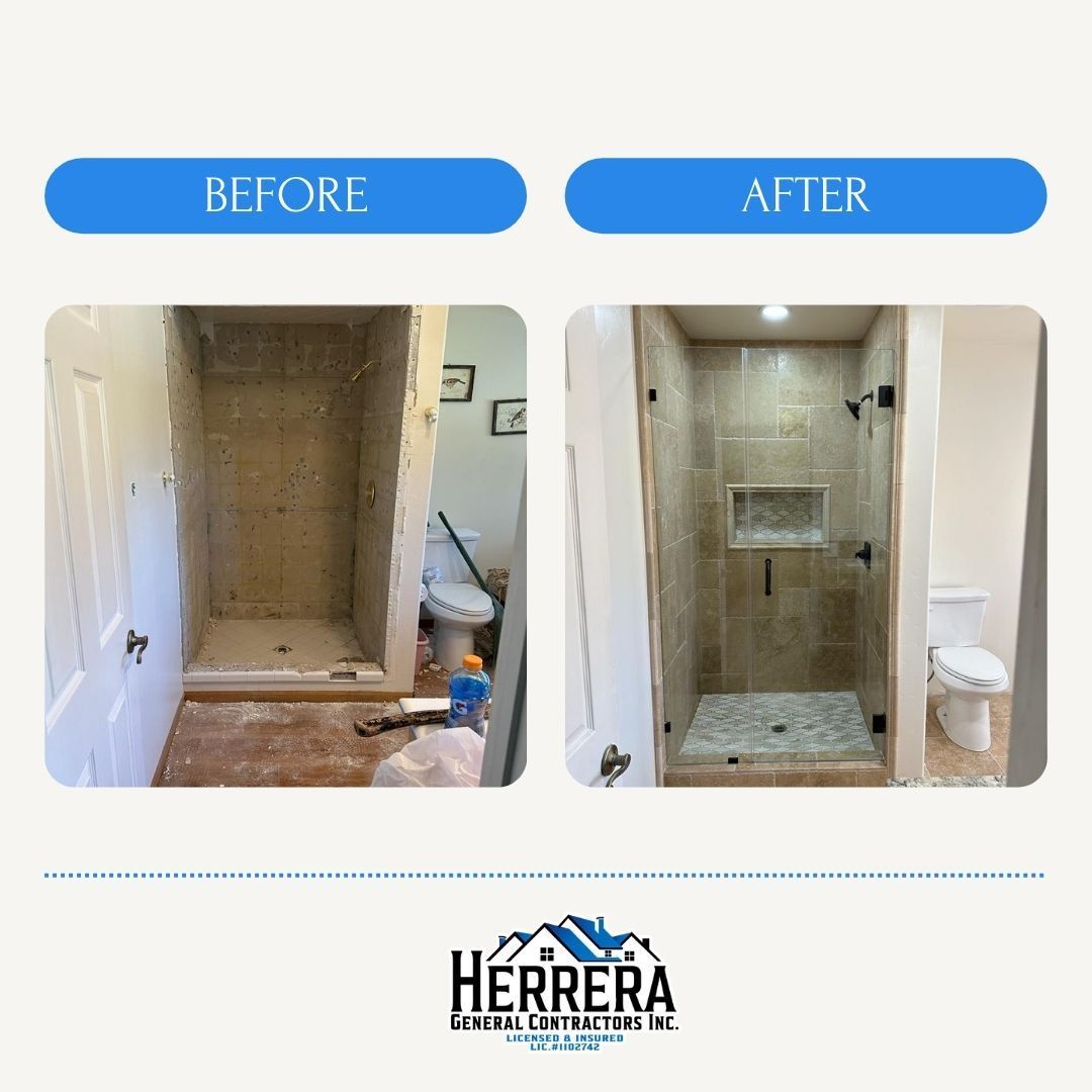 Before and after shower remodel. Beige tile, glass door, dark fixtures.