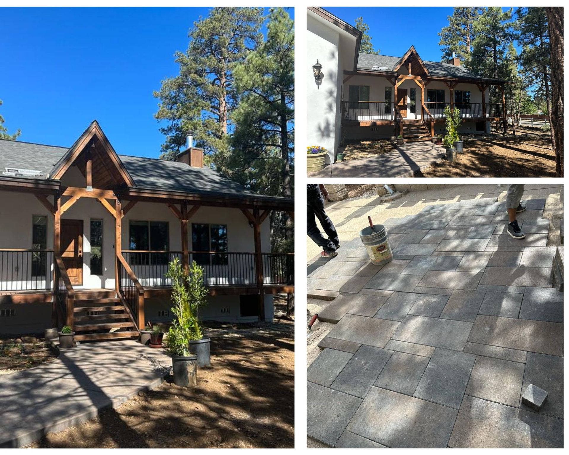 Exterior of a house with wooden accents and a newly laid stone patio under construction.