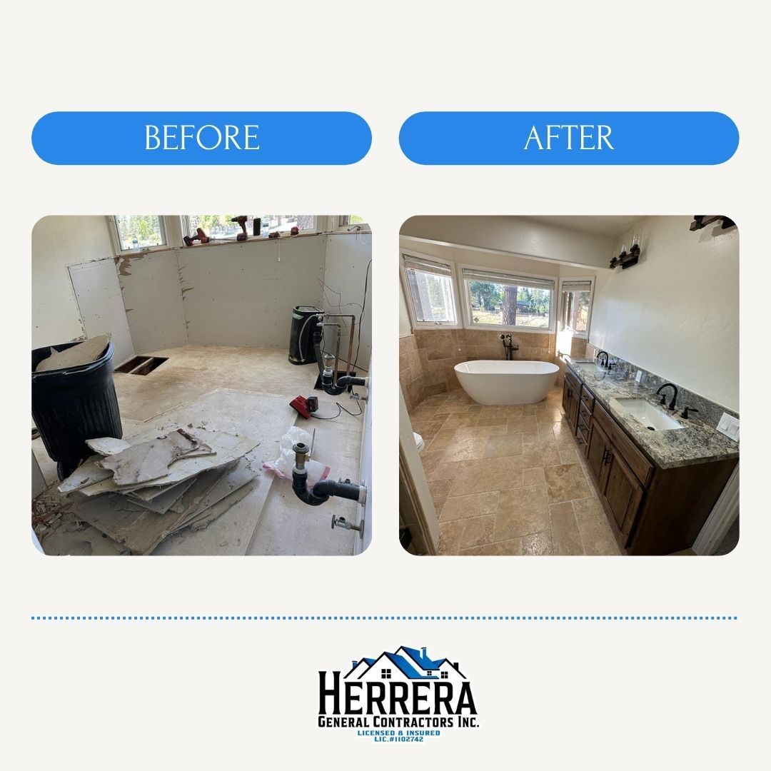 Before and after bathroom renovation: debris-filled room becomes a modern space with a tub and double vanity.
