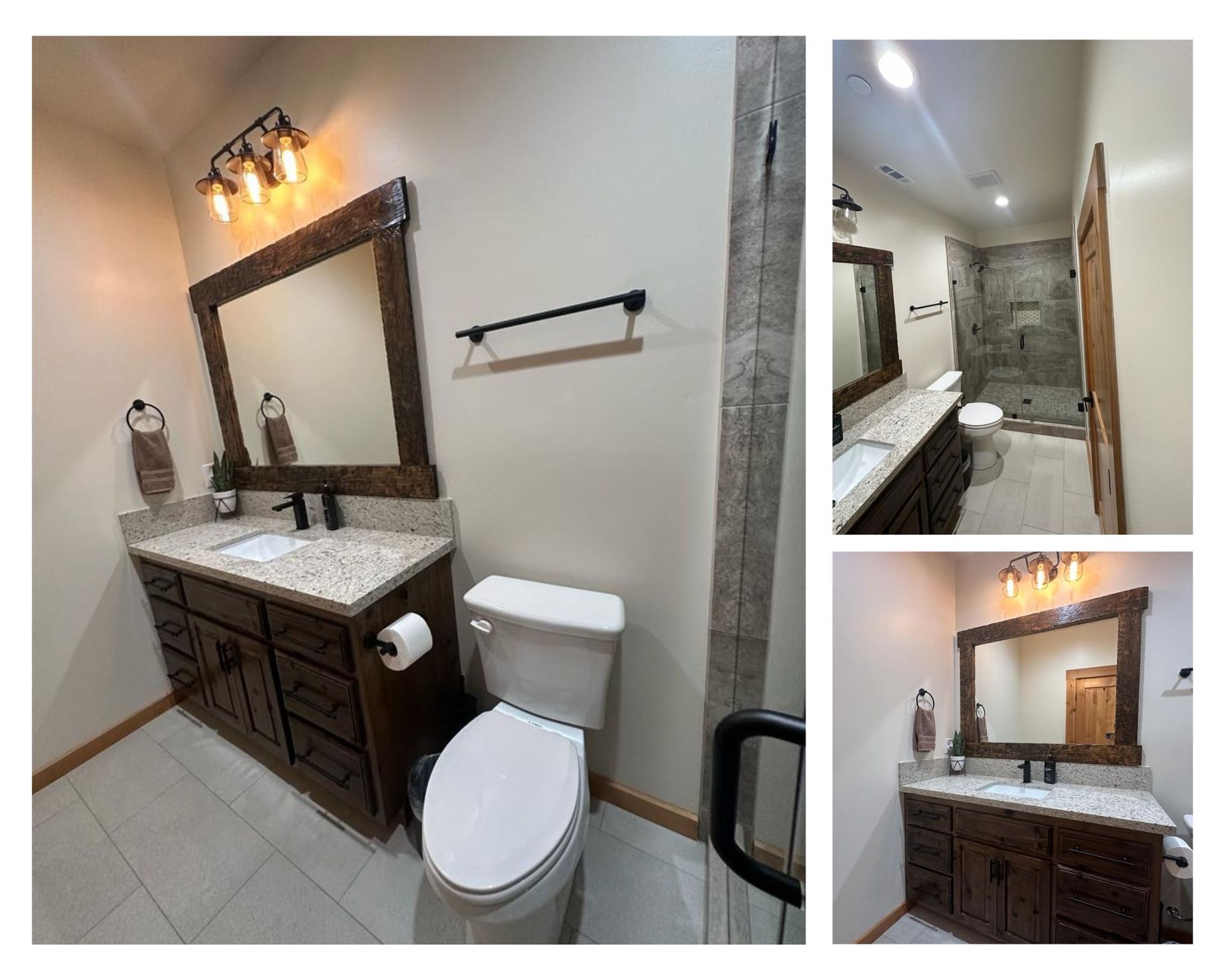 Bathroom with brown vanity, toilet, mirror, and light fixture; gray tile floor and walls.
