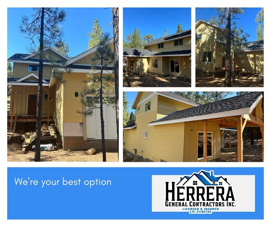 Yellow house exterior construction. Collage shows different angles. Herrera General Contractors logo at bottom.