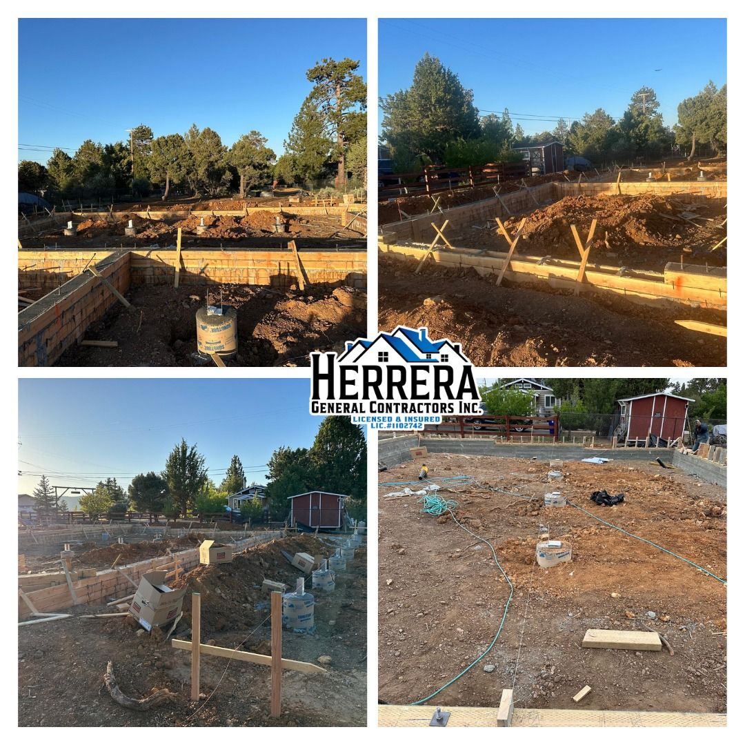 Four-panel collage: construction site with wood framing, dirt, and trees in a sunny outdoor setting. Herrera General Contrac