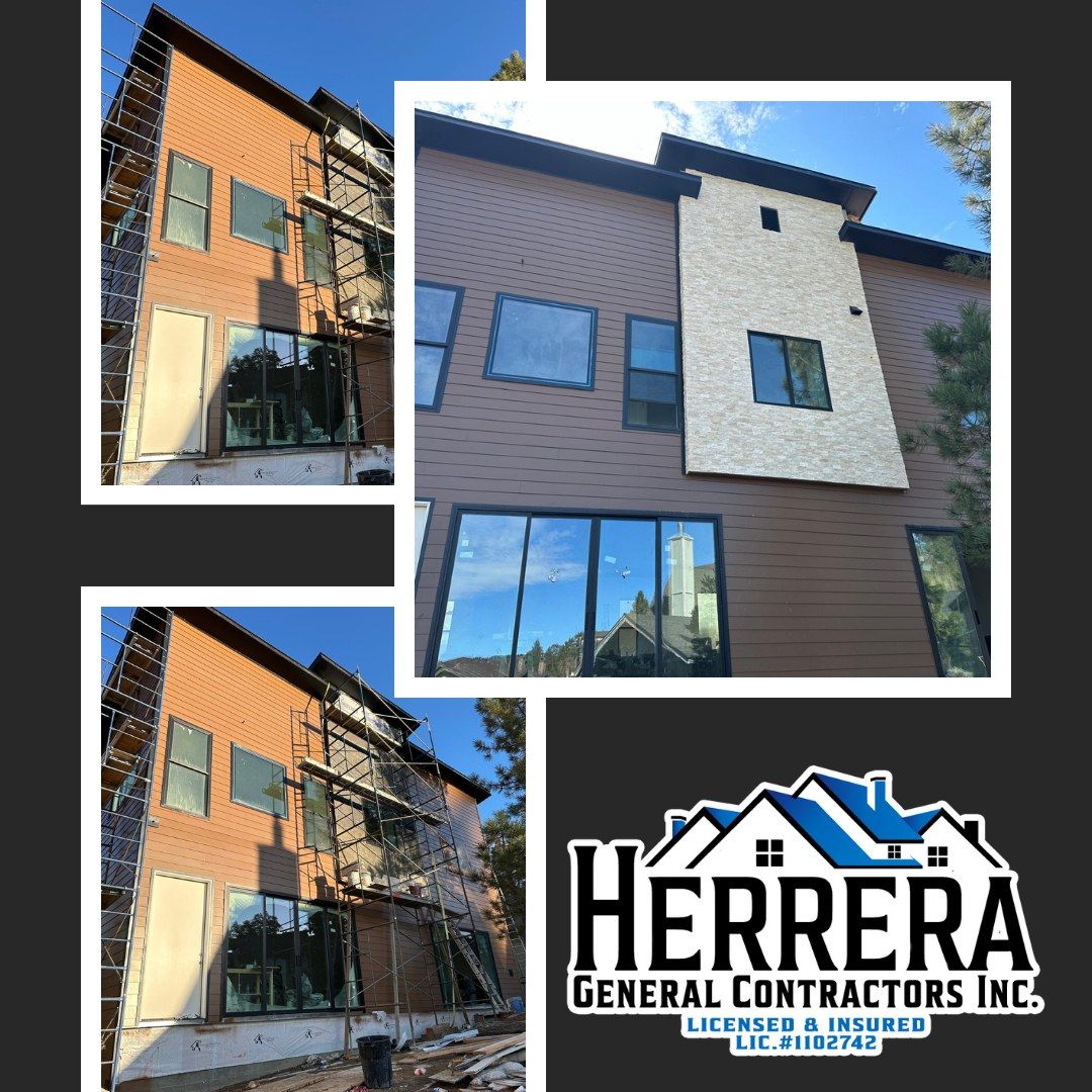 Collage of house exterior with Herrera General Contractors logo. Two photos show construction,