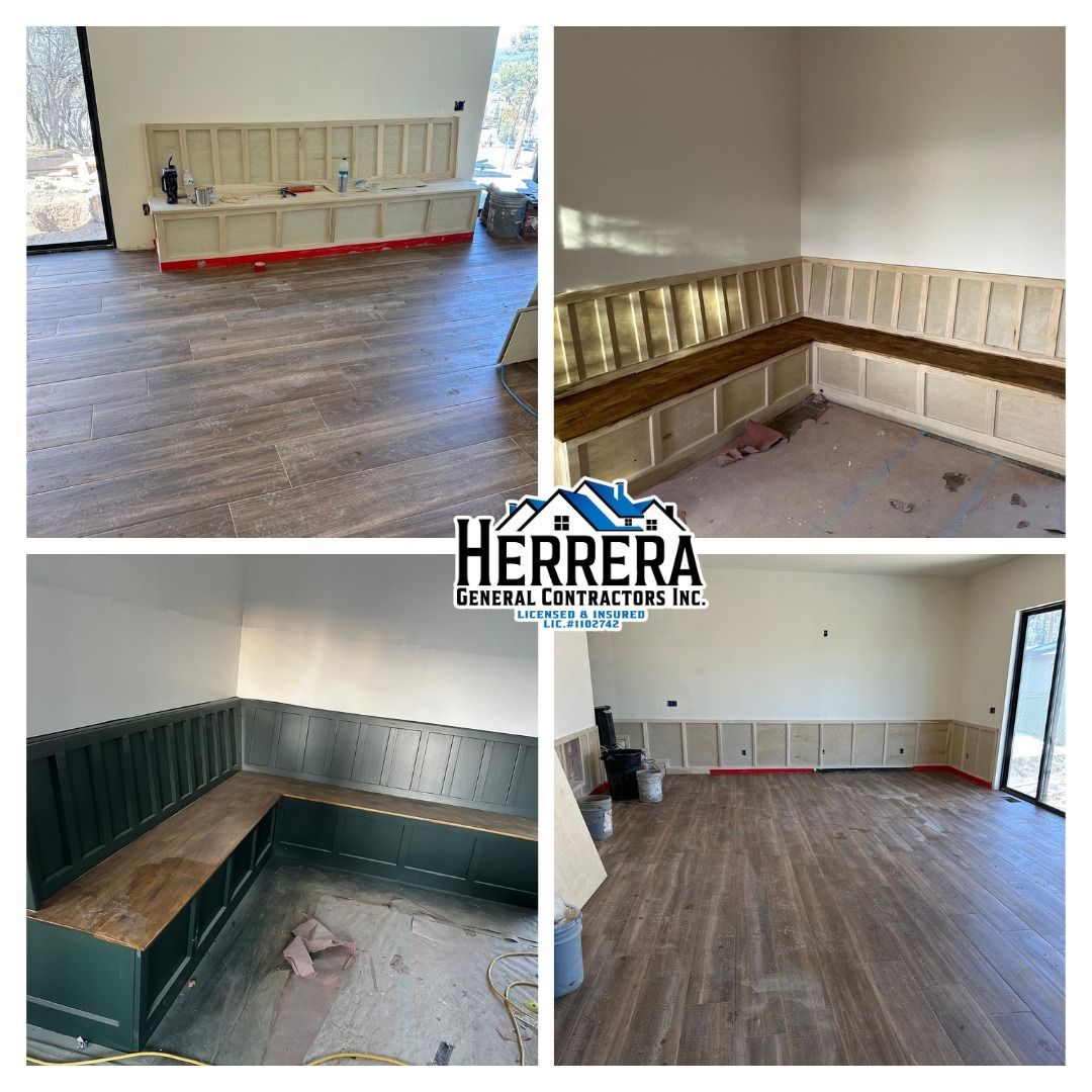 Four interior shots showcasing custom wood paneling and bench construction in a room.