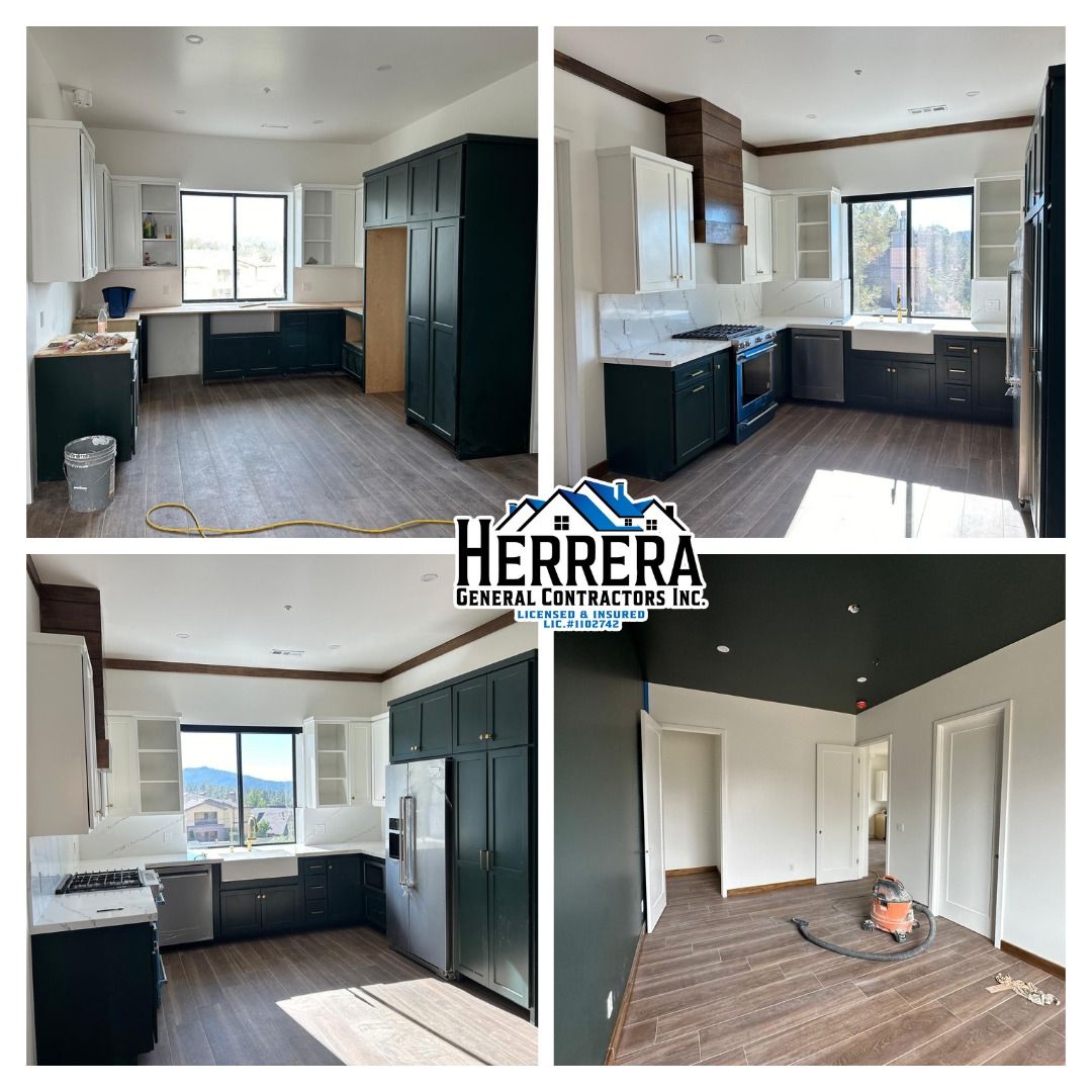Four images show a remodeled kitchen with dark green cabinets, white countertops, and wood-look flooring.