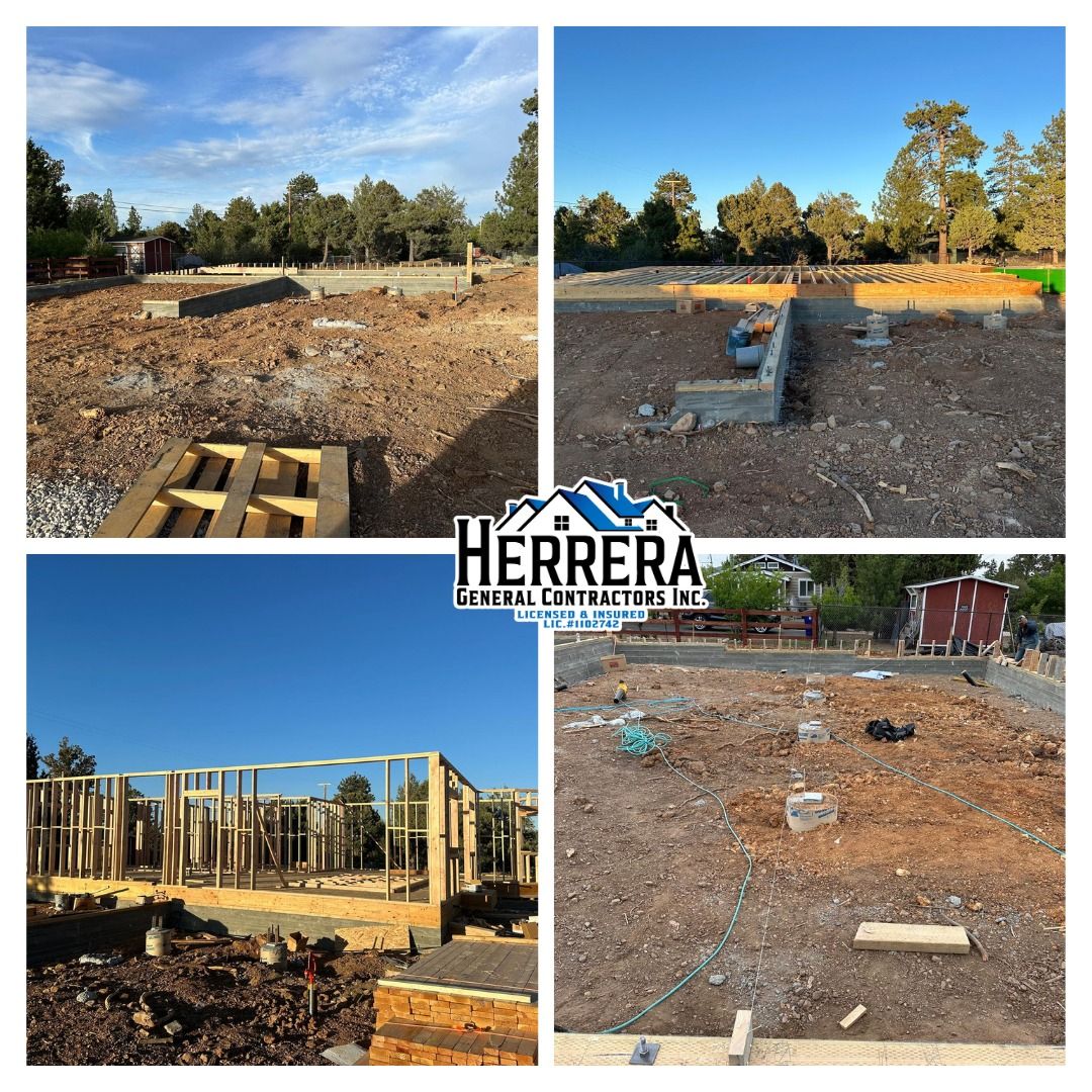 Four construction phases of a building foundation: site prep, concrete pouring, framing, and final site cleanup.