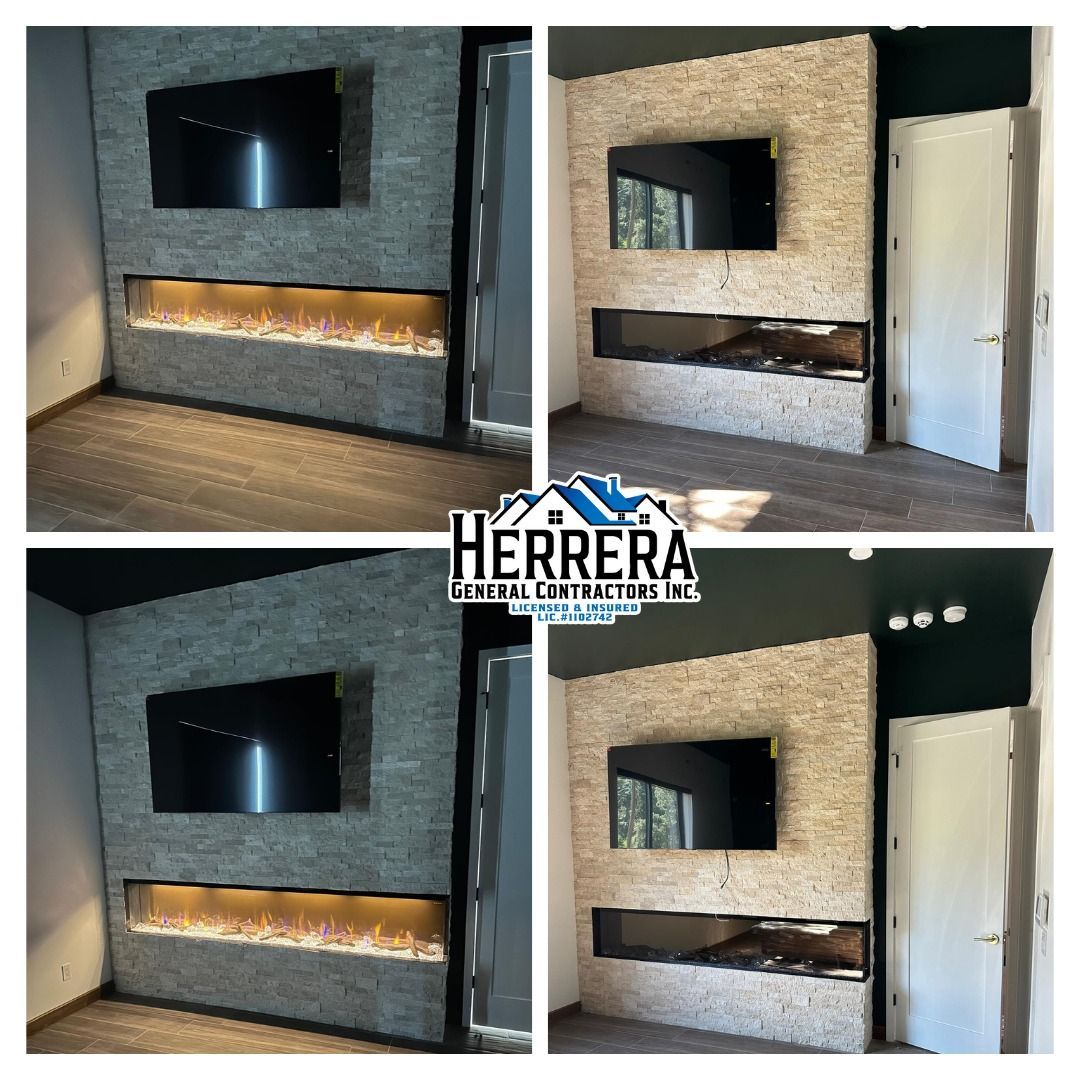 Four photos of a modern fireplace with a mounted TV, stone wall, and interior door.