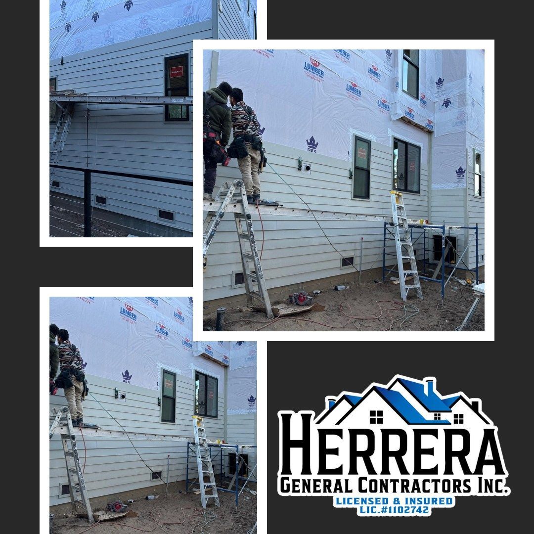 Workers install siding on a building with scaffolding and ladders; Herrera General Contractors logo in bottom right.