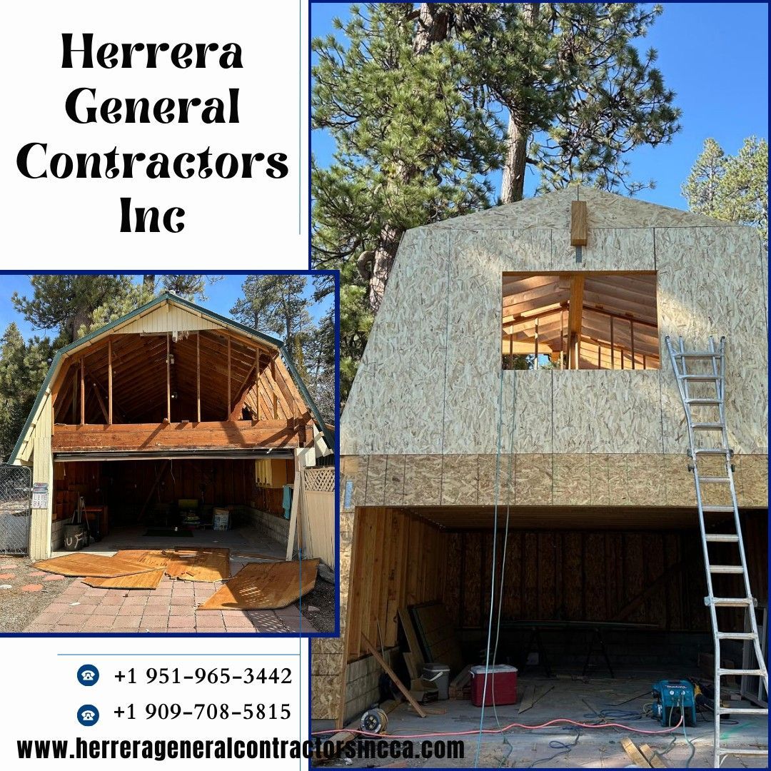 Construction of a garage by Herrera General Contractors Inc.  One garage is partially built and th