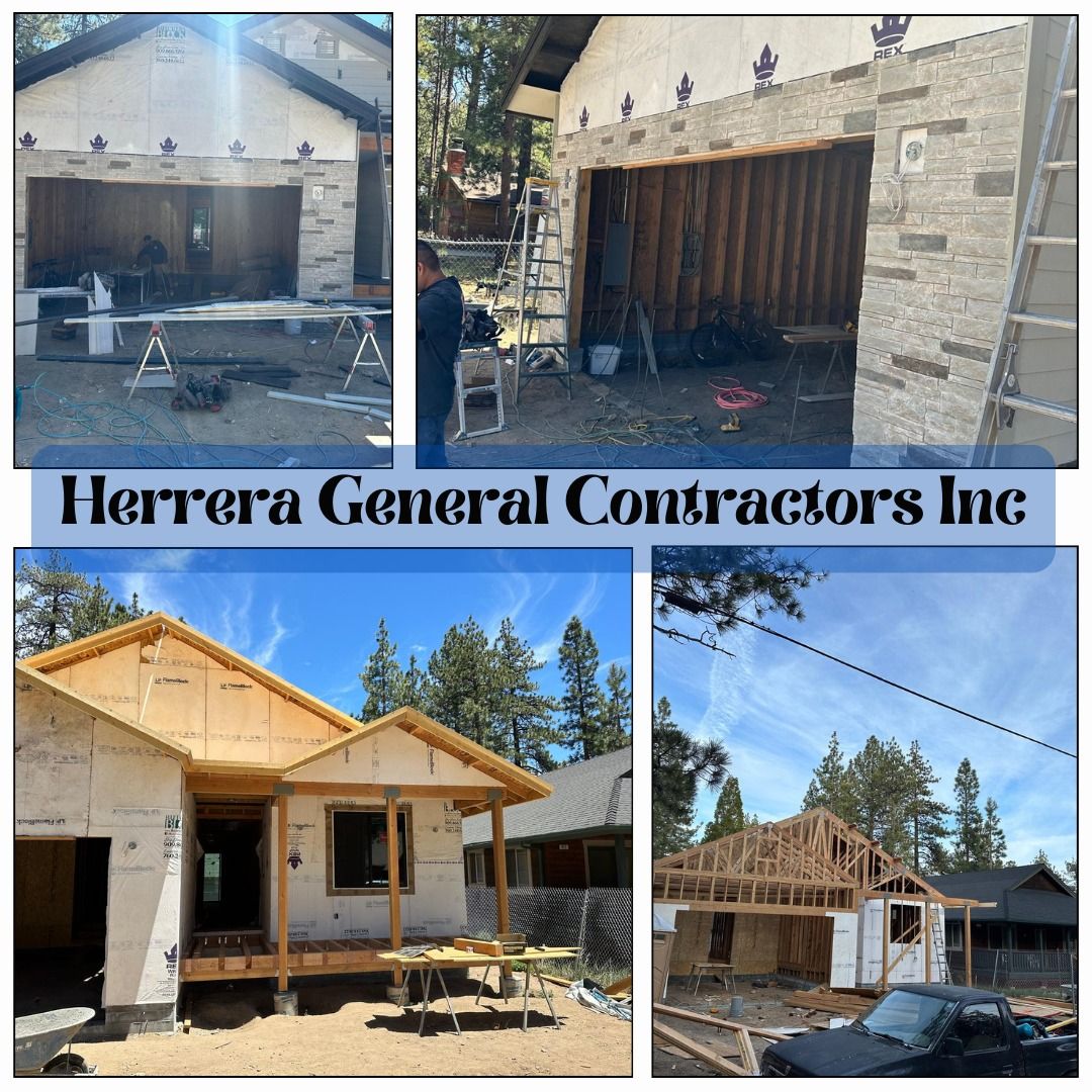 Construction photos by Herrera General Contractors Inc. show a garage and home under construction.