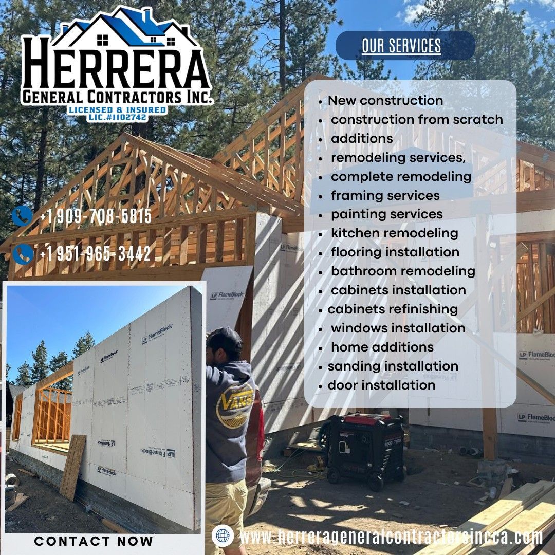 Construction company advertisement with a building under construction and a list of services.