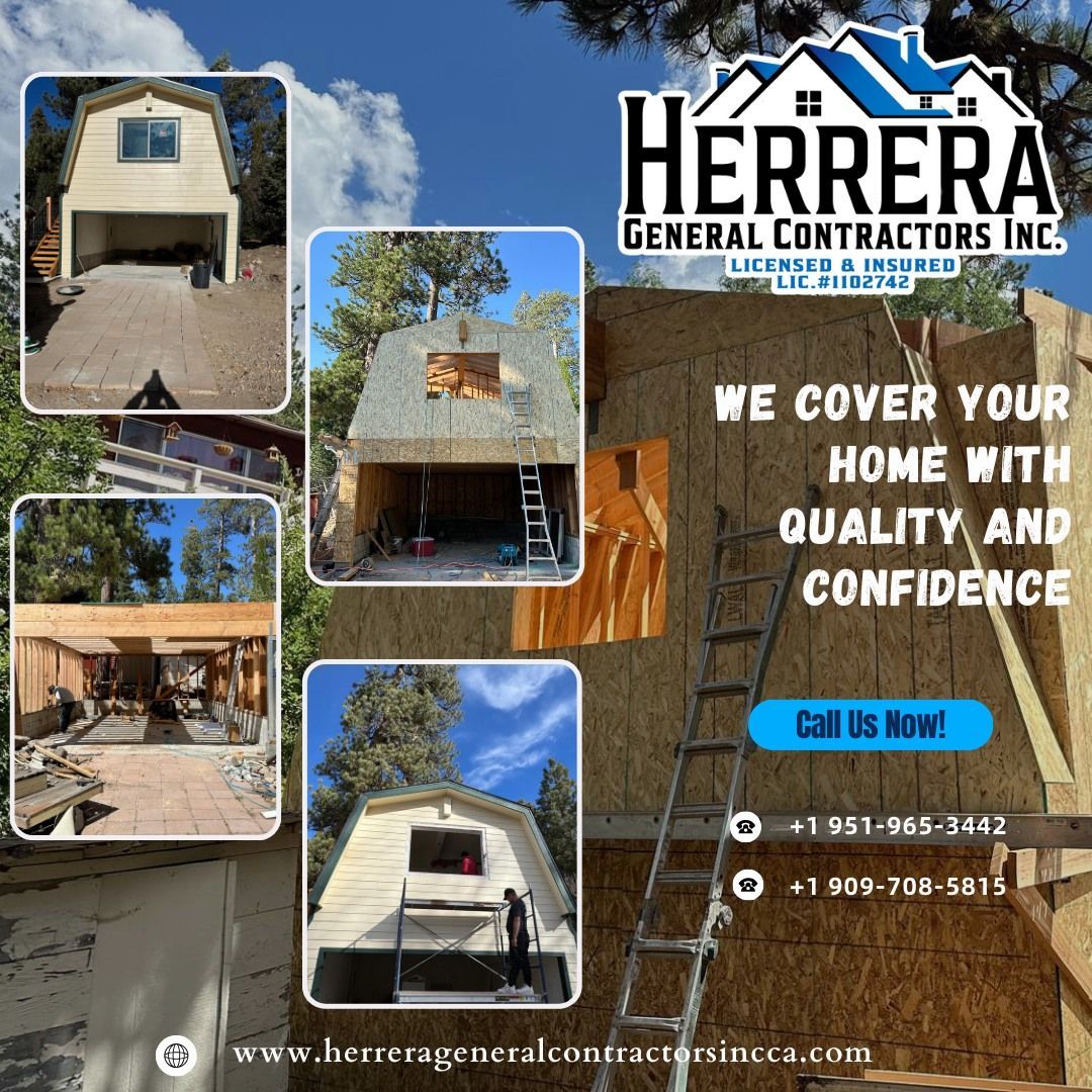 Advertisement for Herrera General Contractors, showcasing construction projects with text overlay.