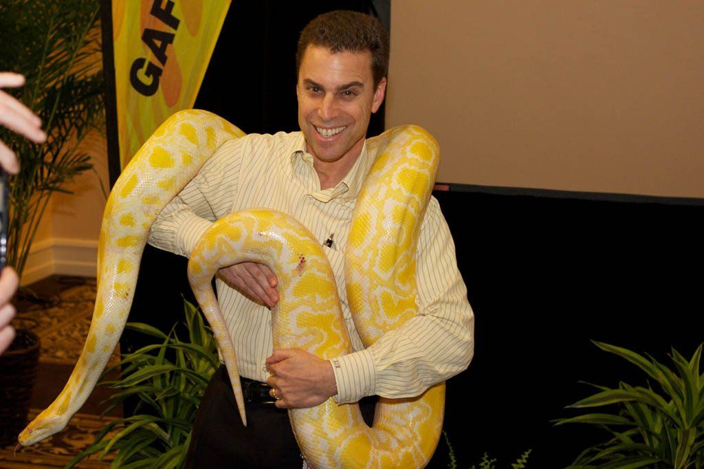 A man is holding a large yellow snake in his arms.