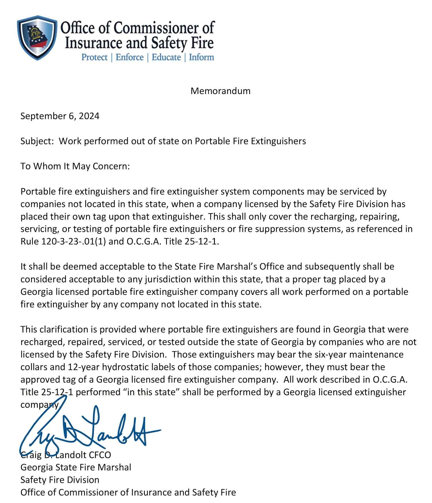 A letter from the office of commissioner of insurance and safety fire