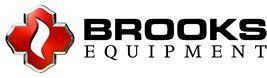 The logo for brooks equipment is a red and black logo with a red flame.