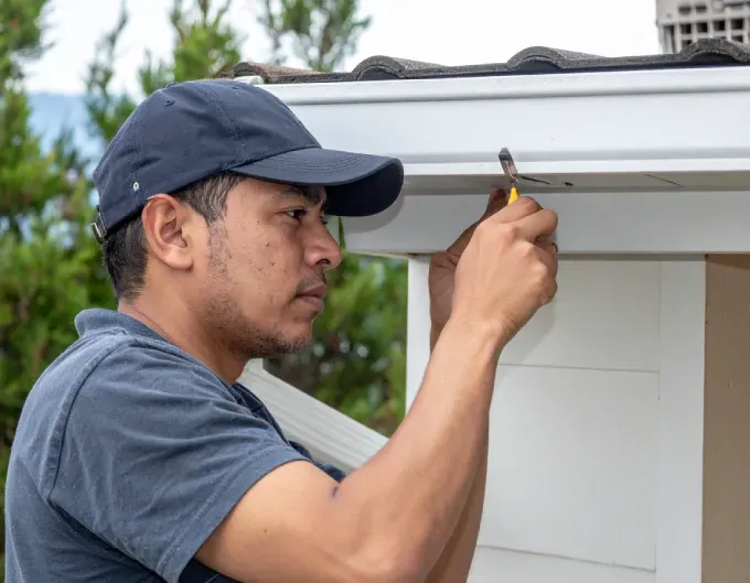 Person in a blue cap using a tool on a white gutter, with a focused expression.