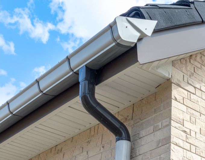 Gray rain gutter and downspout on a brick building with a blue sky background.