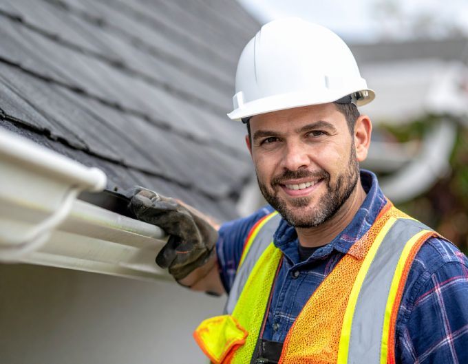 Construction worker in safety vest and hard hat, smiling, inspecting a gutter on a roof.