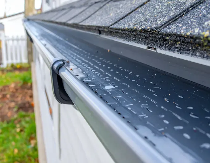 Gray gutter with perforated cover on a house roof.