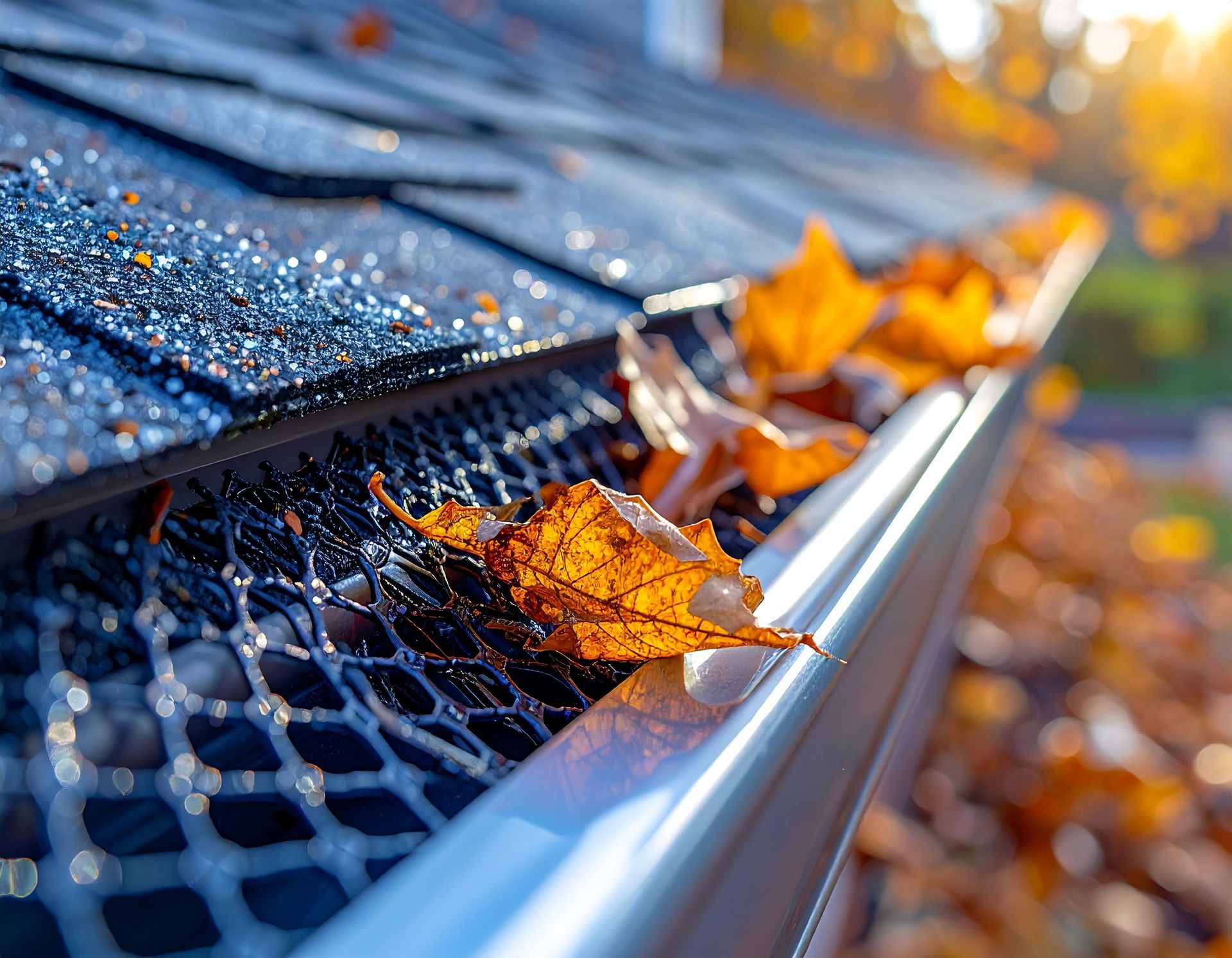 Wet autumn leaves caught in a roof gutter and gutter guard, with water droplets on the shingles.