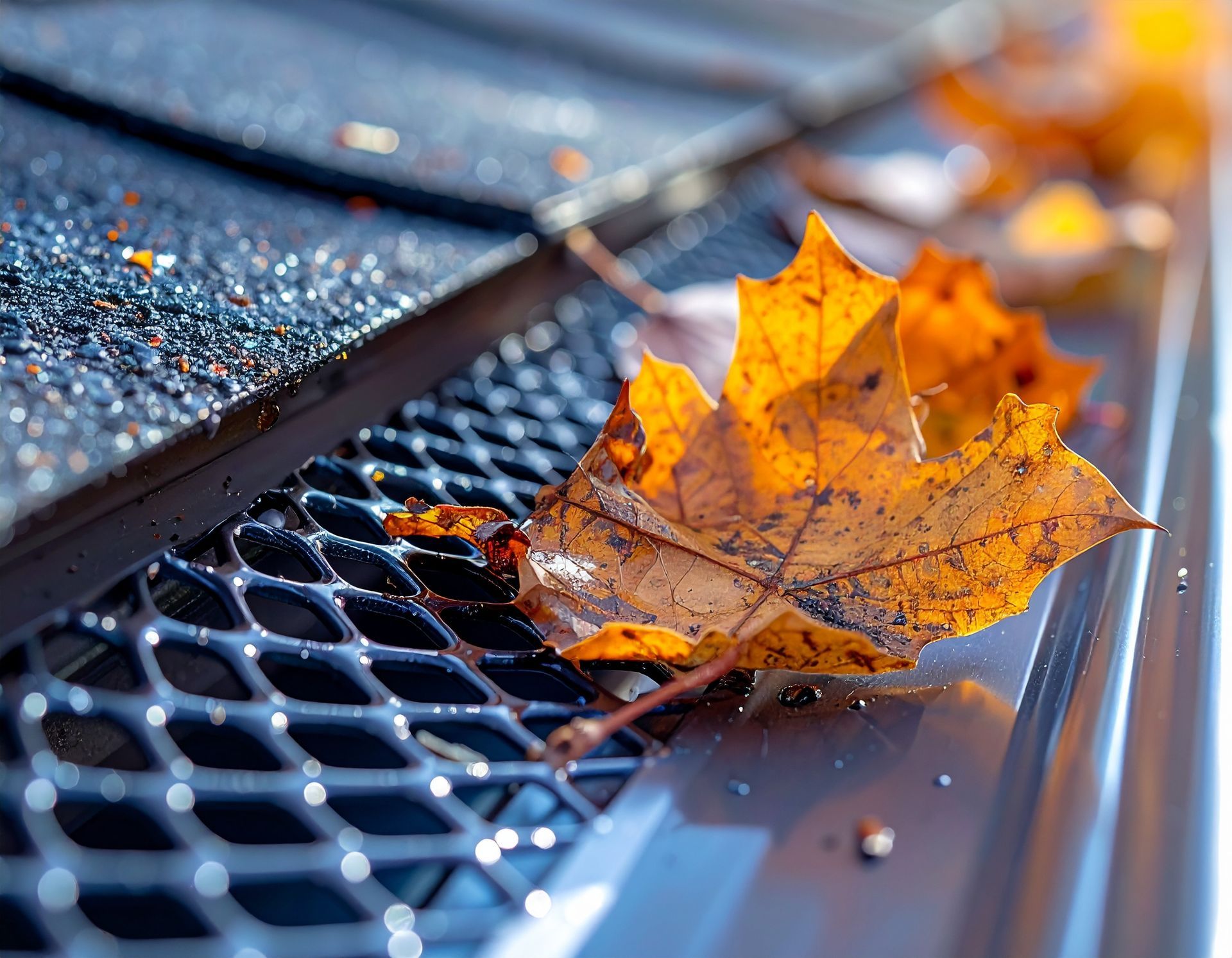 Orange autumn leaf on a car windshield wiper near a wet, metallic grille