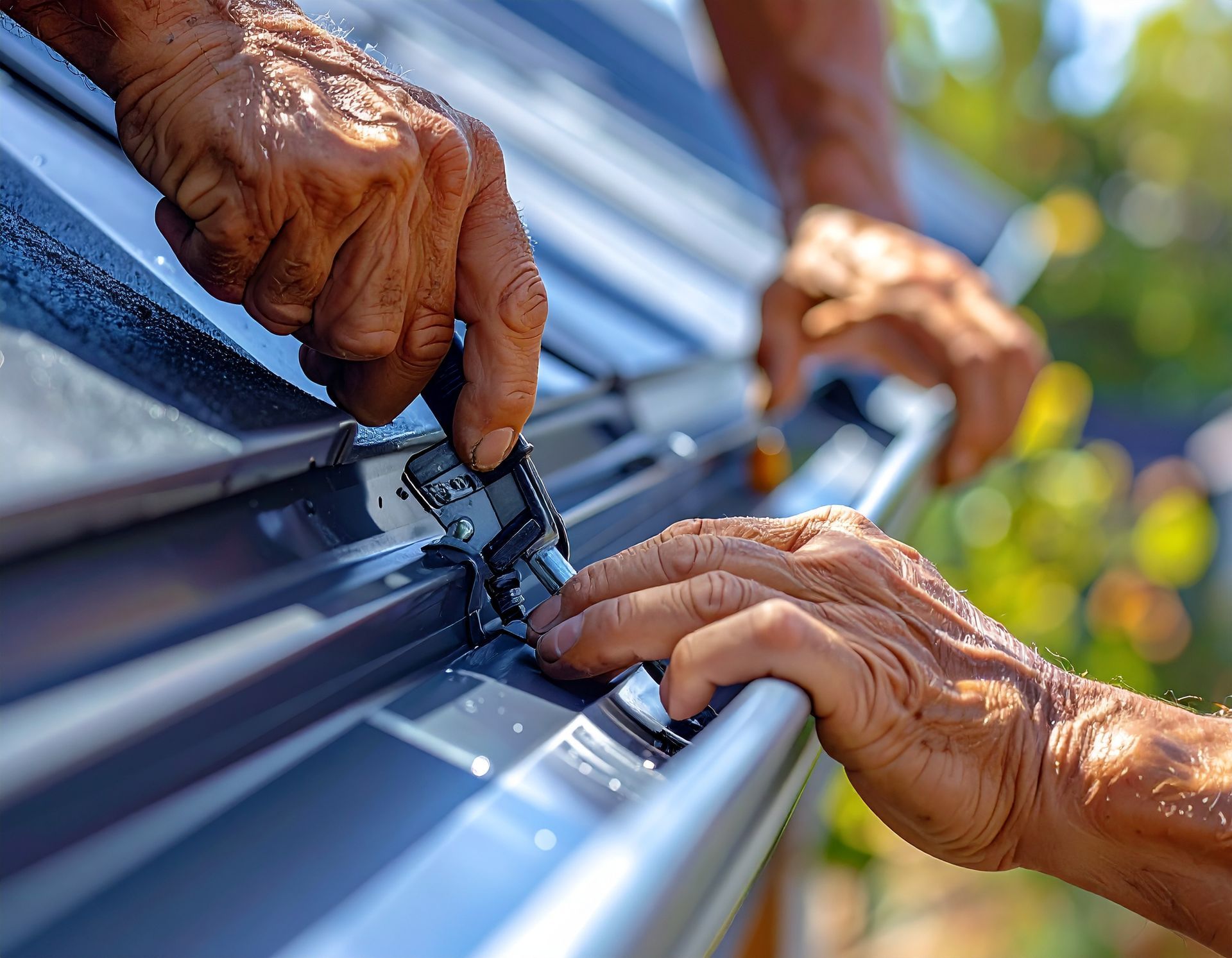 Hands fastening metal roofing panels with a tool in bright sunlight