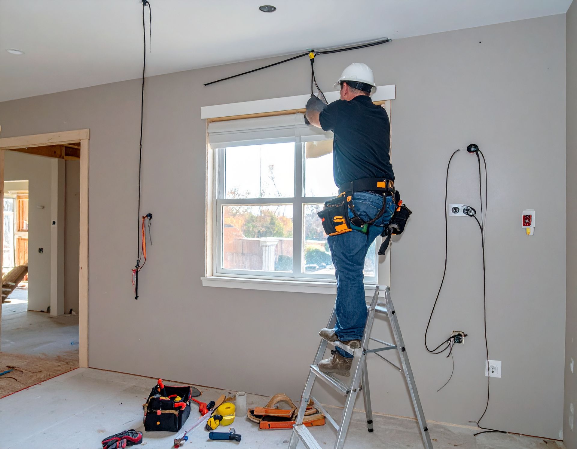 Worker on a ladder installing trim above a window in an unfinished room