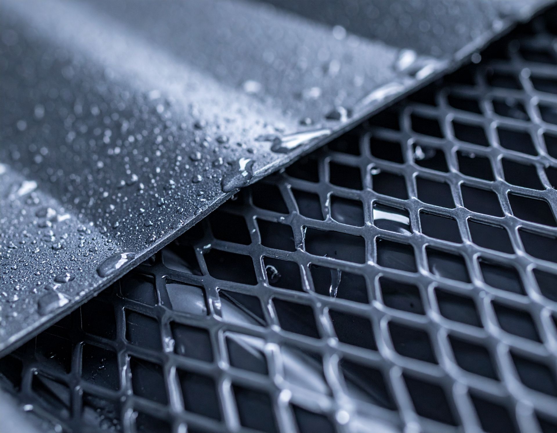 Close-up of wet black metal mesh and panel with rain droplets