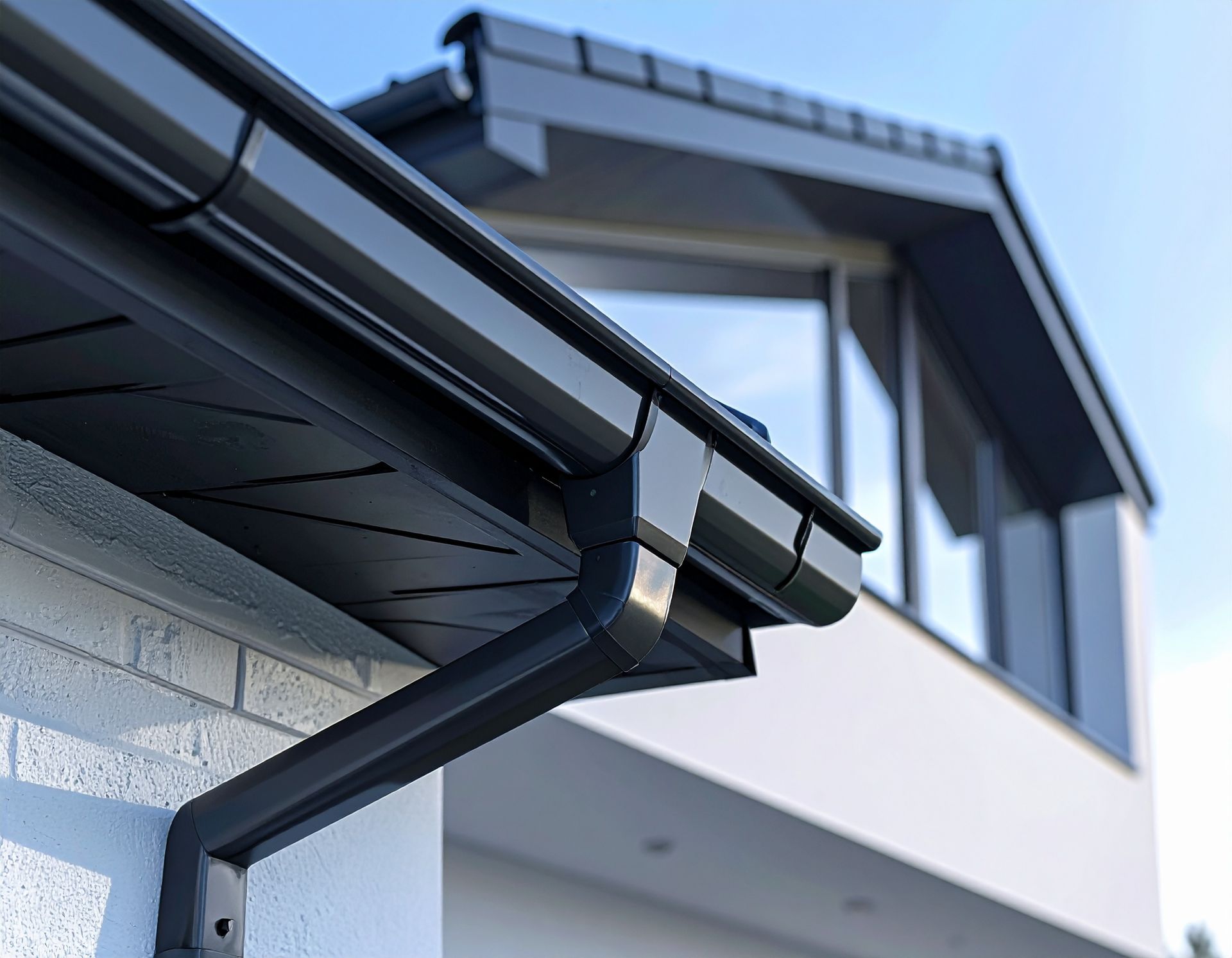 Black gutter and downspout on a modern white house exterior under a blue sky