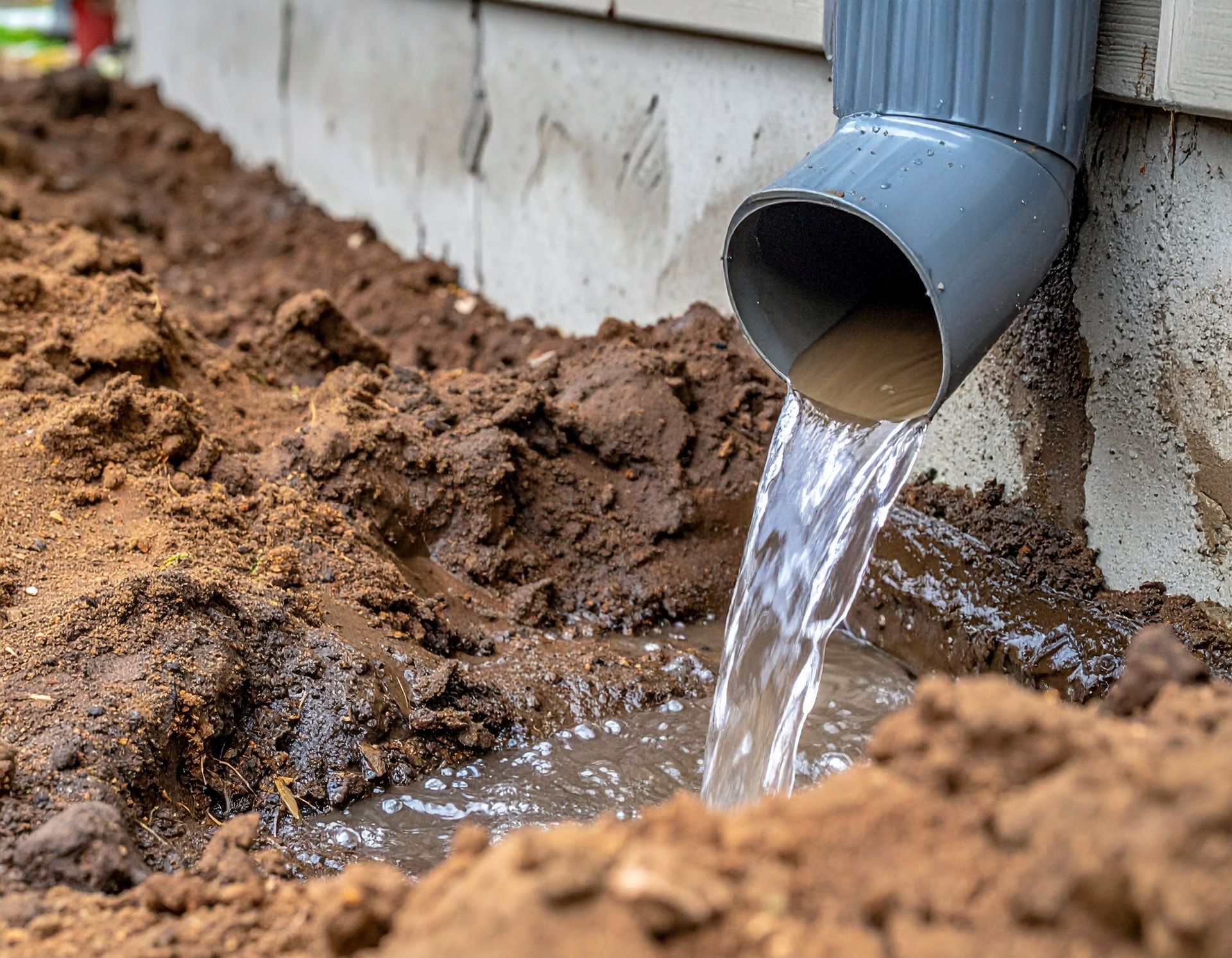 Water pouring from a gray downspout into muddy ground beside a house foundation.