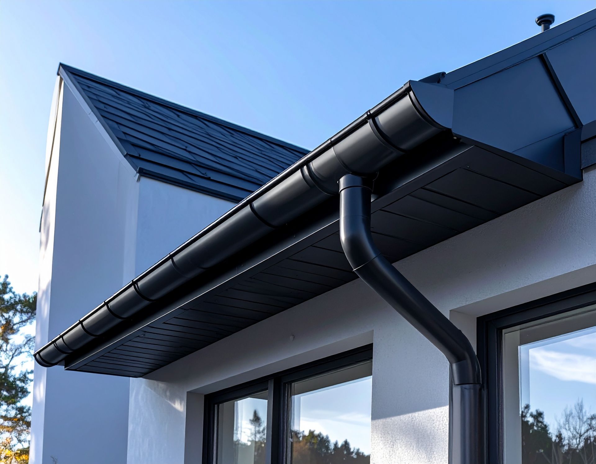 Modern house roof with black gutters and downspout against a blue sky